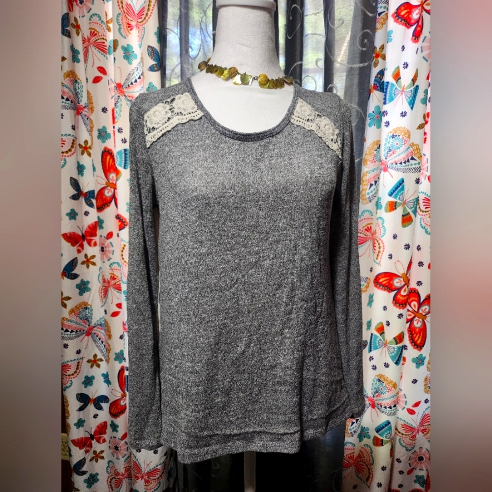 Gray Lace Accent Women's Top